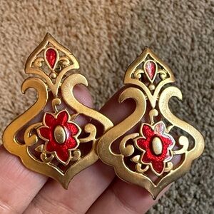 Elegant Gold and Red Floral Earrings